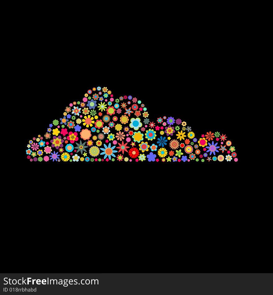 Vector illustration of cloud shape made up a lot of multicolored small flowers on the black background