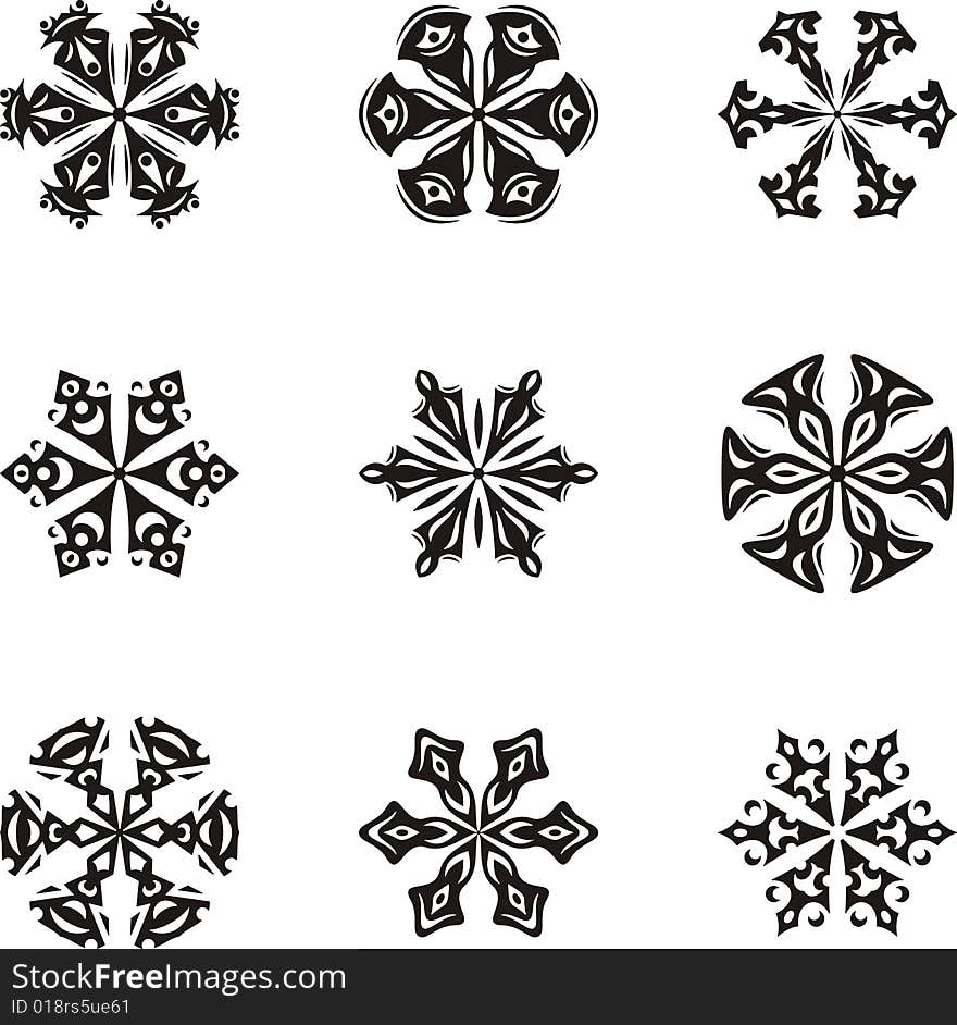 A set of 9 beautiful snowflakes, vector illustration series.