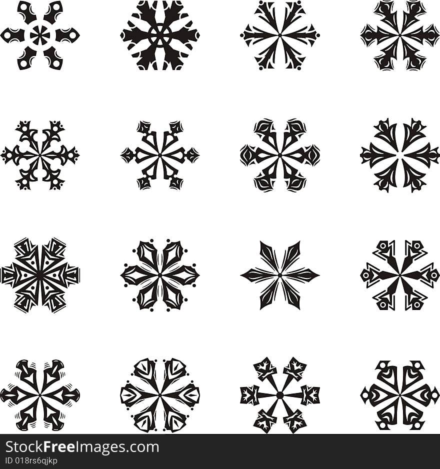 A set of 16 beautiful snowflakes, vector illustration series.