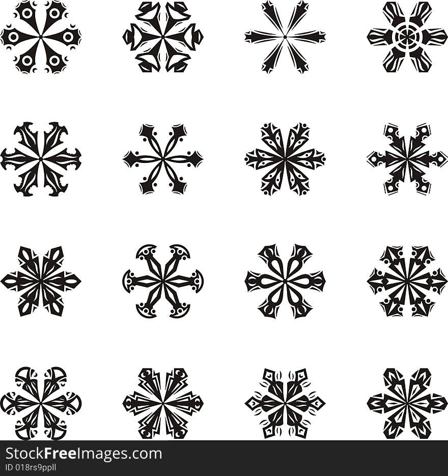 A set of 16 beautiful snowflakes, vector illustration series.