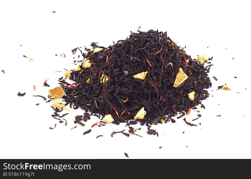 Tea pile of orange on a white background. Tea pile of orange on a white background