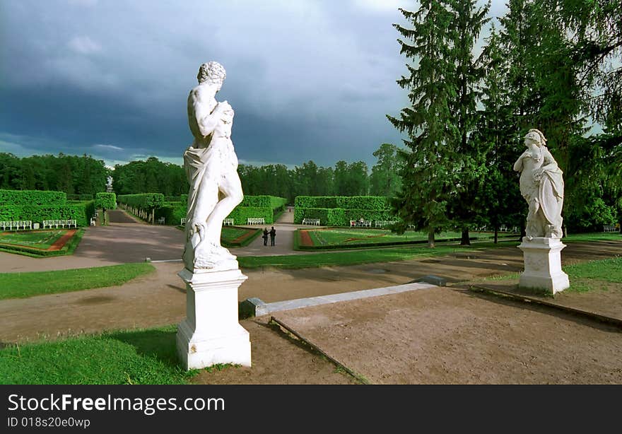 Classical statues in park