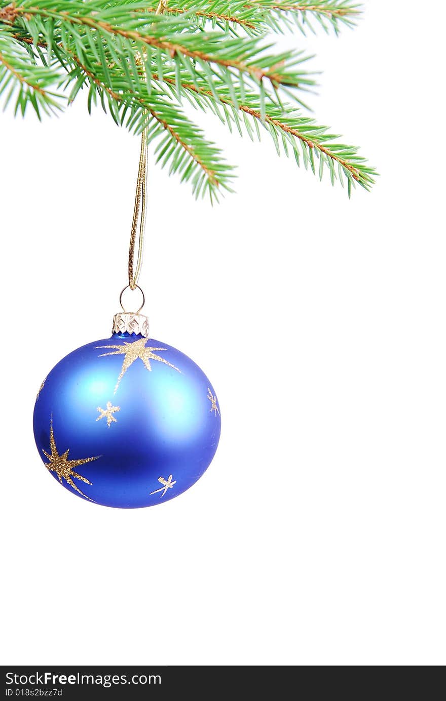 Blue Christmas ball on white background.