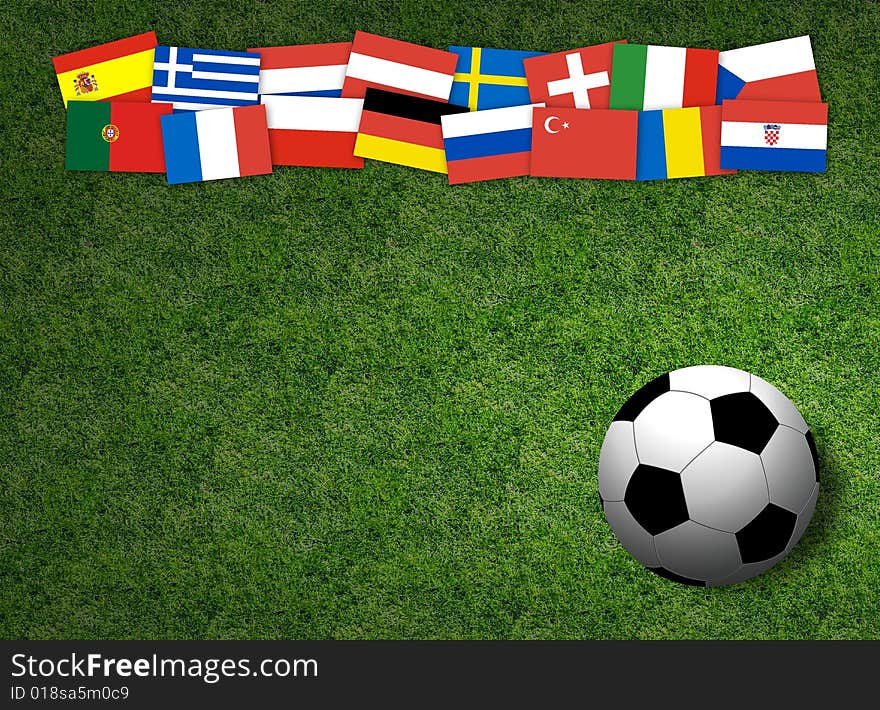 Football and flags on a grass pitch. Football and flags on a grass pitch