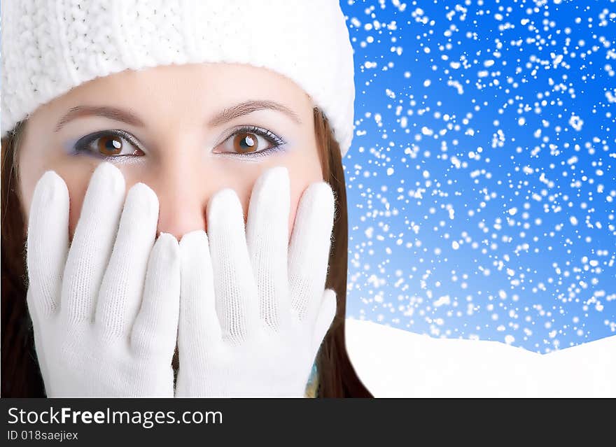 Winter Girl looking surprised in a winter background