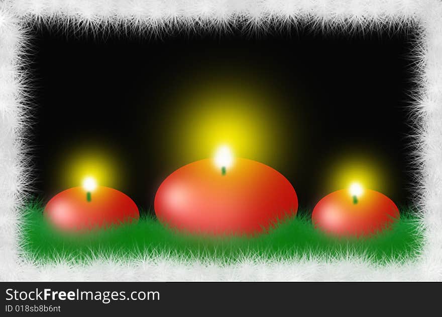 Three red puff and round Christmas candles with green Christmas needles all around on a black background and with a white Christmas needle frame. Digital Drawing. Coloured Picture. Three red puff and round Christmas candles with green Christmas needles all around on a black background and with a white Christmas needle frame. Digital Drawing. Coloured Picture.