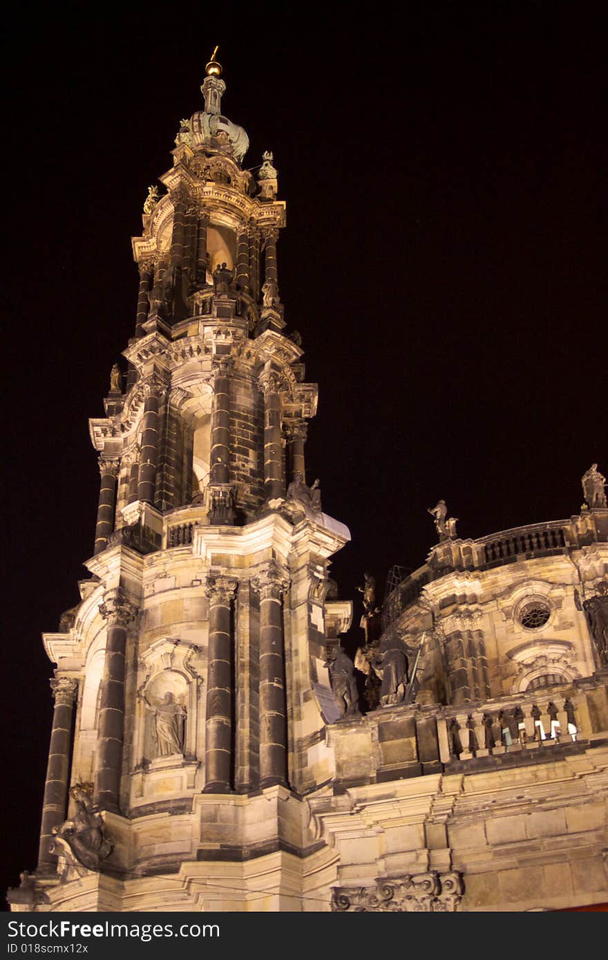 Gothic catholic cathedral in night, Dresden, Germany