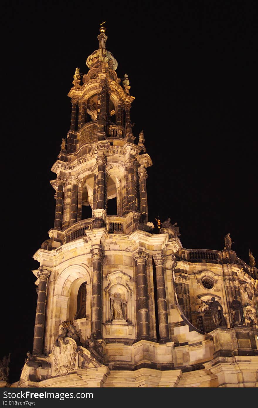 Gothic catholic cathedral in night, Dresden, Germany