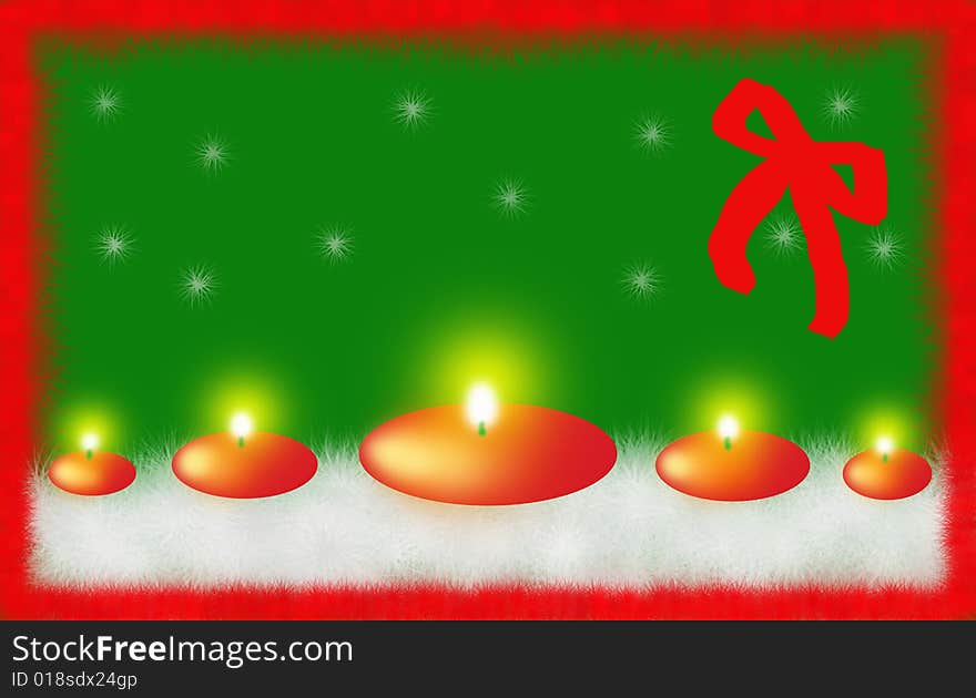 Five red Christmas candles, round and flat, on white Christmas needles with a green background and a red ribbon on the right. Digital drawing. Coloured picture.