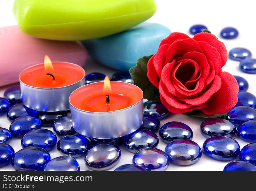 Colourful soap bars and aroma rose  on a white background. Colourful soap bars and aroma rose  on a white background