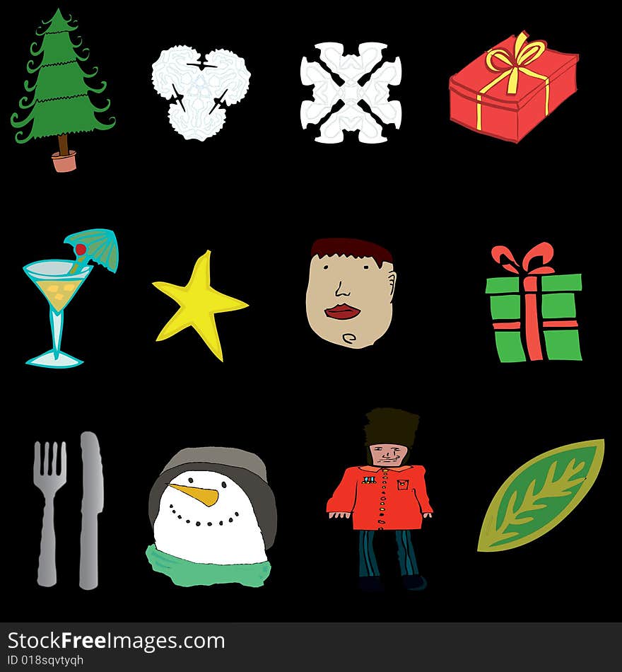 A fully scalable vector illustration of a set of 12 Christmas icons. Jpeg & Illustrator AI file formats available.