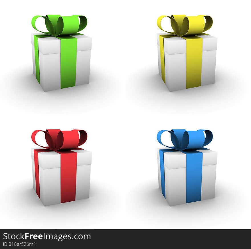 Four present boxes with bands of assorted colors (green, yellow, red, blue) on white background. Four present boxes with bands of assorted colors (green, yellow, red, blue) on white background