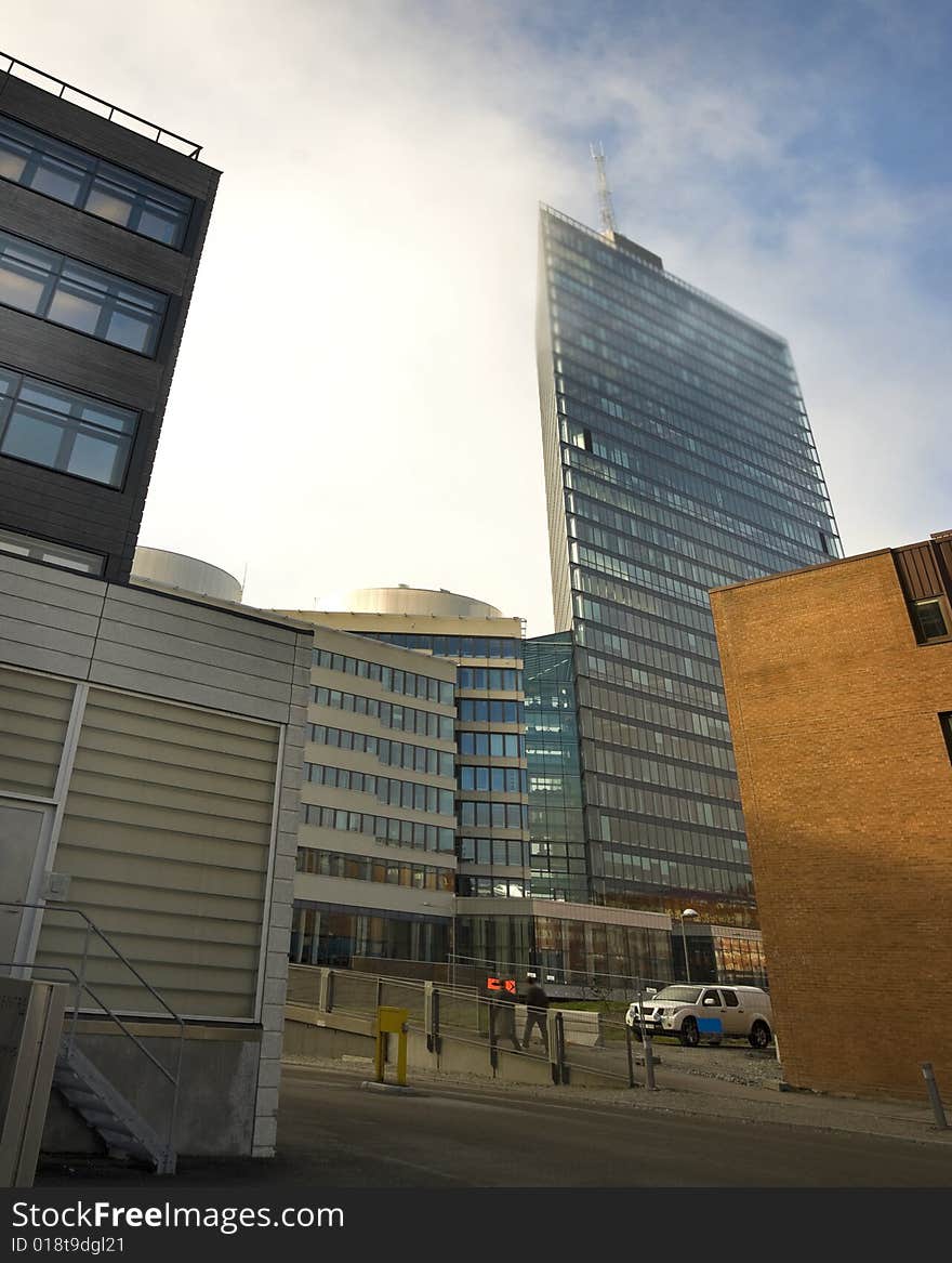 Office buildings in fog