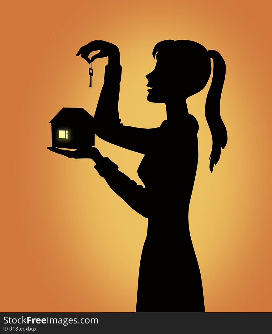 Black woman silhouette with key and house model. Black woman silhouette with key and house model