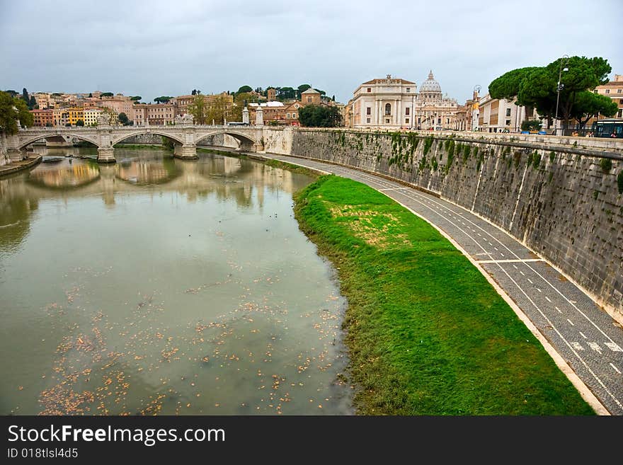 Panoramic view of San Pietro Basilica and Vittorio Emanuele Bridge., Vatican, Rome. Panoramic view of San Pietro Basilica and Vittorio Emanuele Bridge., Vatican, Rome.