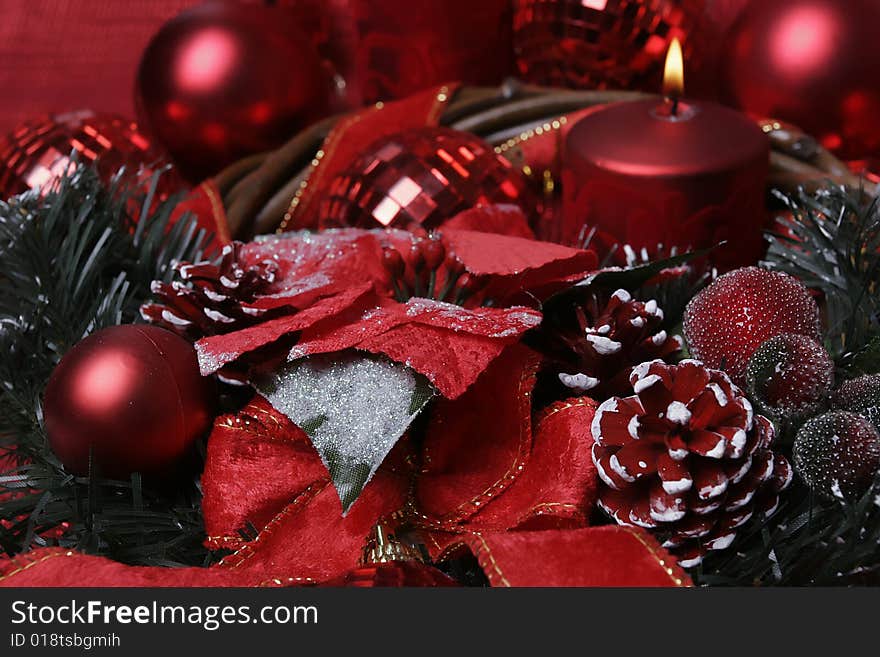 New year's decoration, red candles and sphere