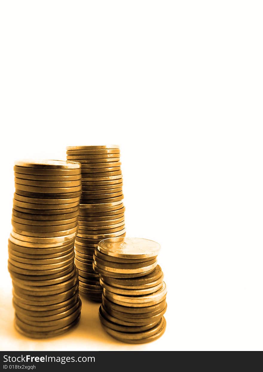 Several stacks of pennies isolated on white background