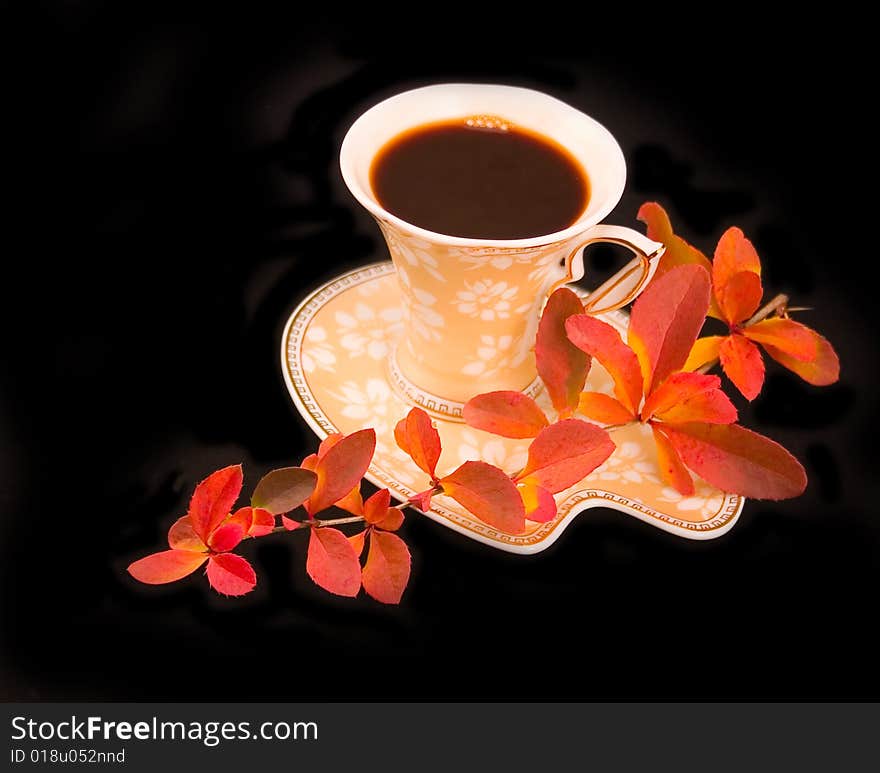 Cup coffee with autumn branch