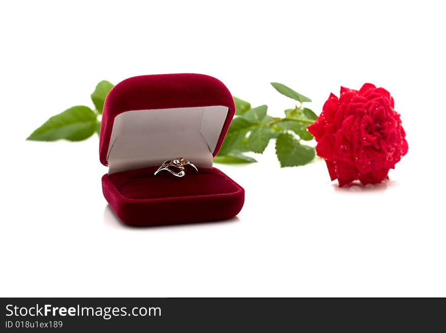 Box with a ring and a scarlet rose. The exciting moment of a life.