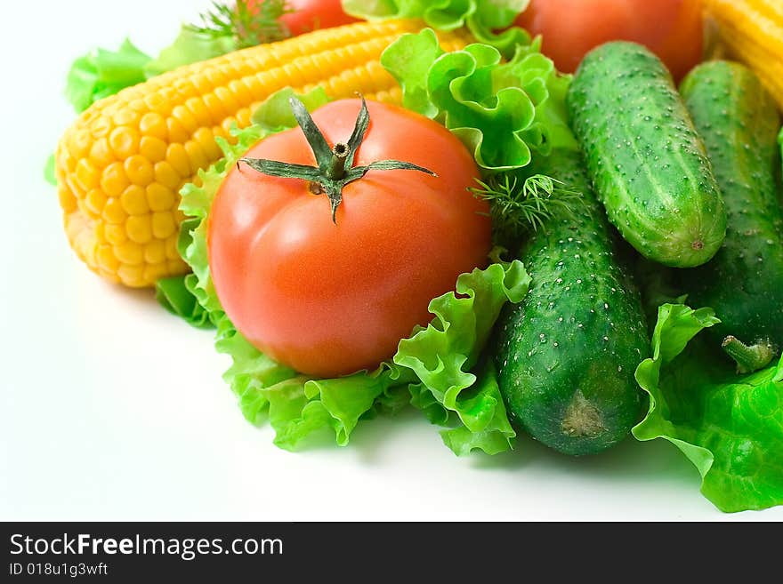 Vegetables: tomatoes, cucumbers and corn. Vivid healthy nutrition.