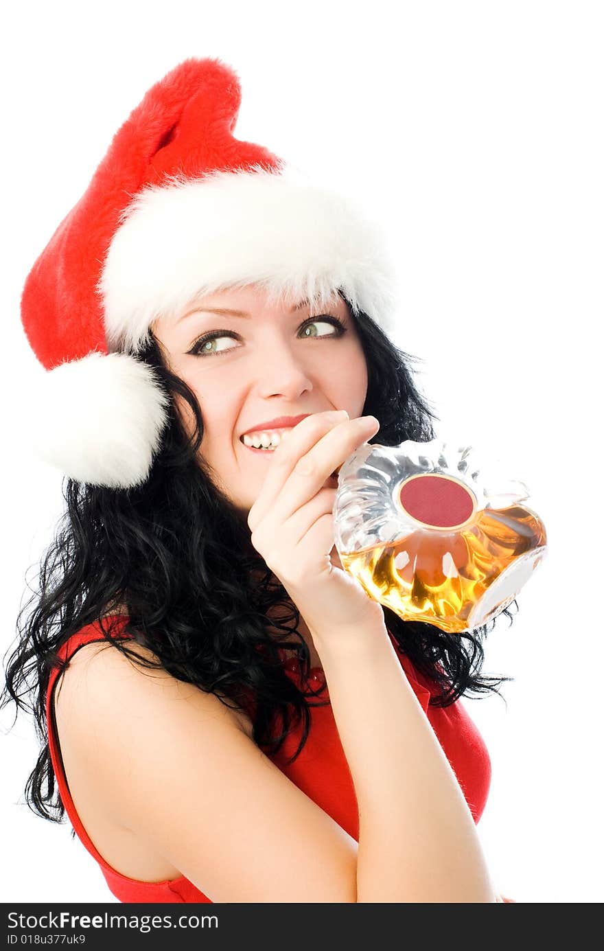 Beautiful Brunette Woman Drinking Cognac