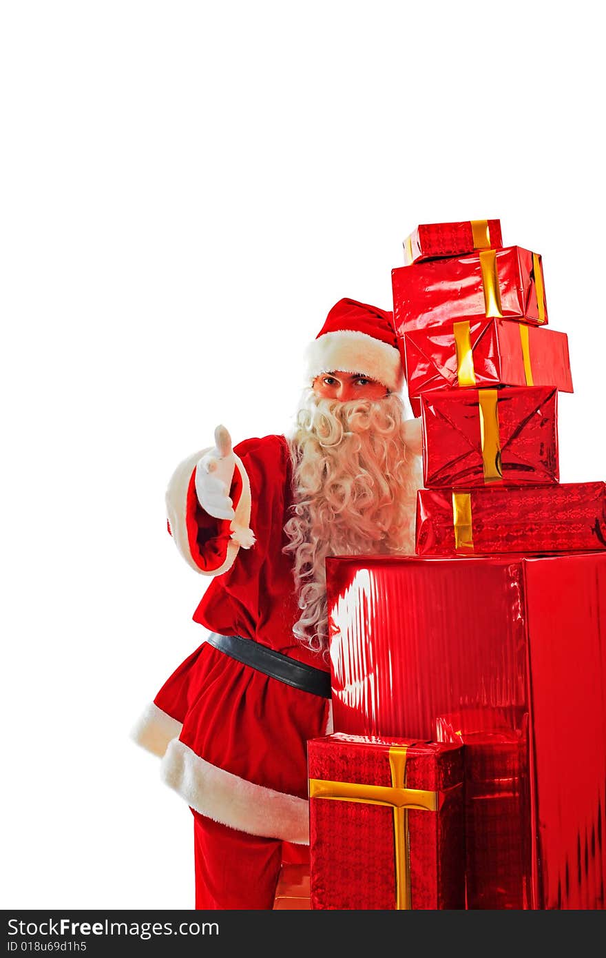 Xmas  background: Santa Claus, gifts,