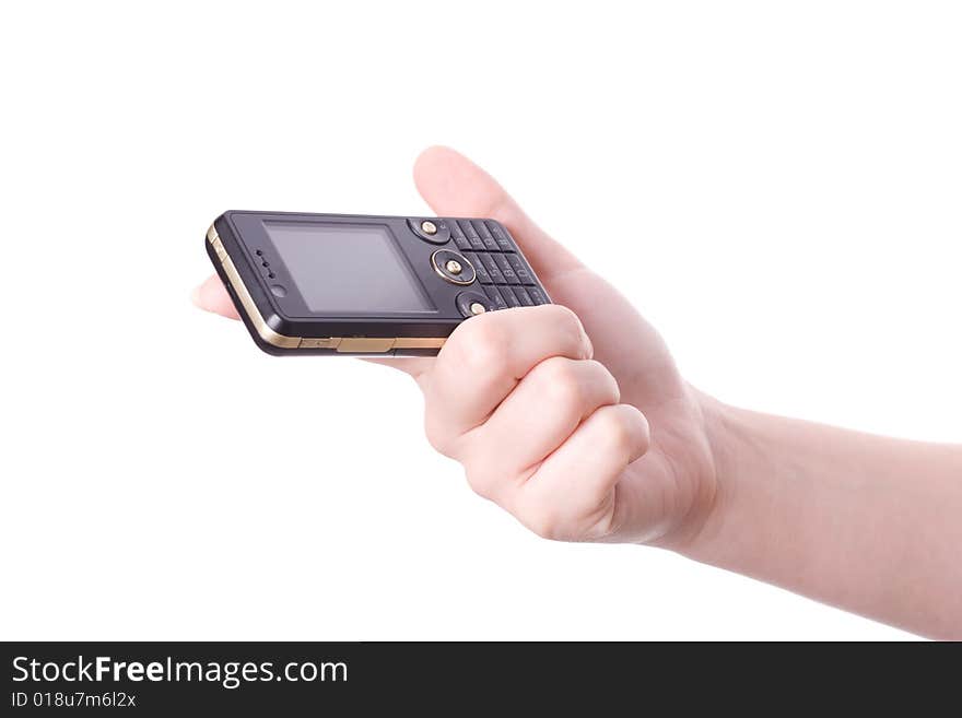 Mobile phone in hand isolated on white