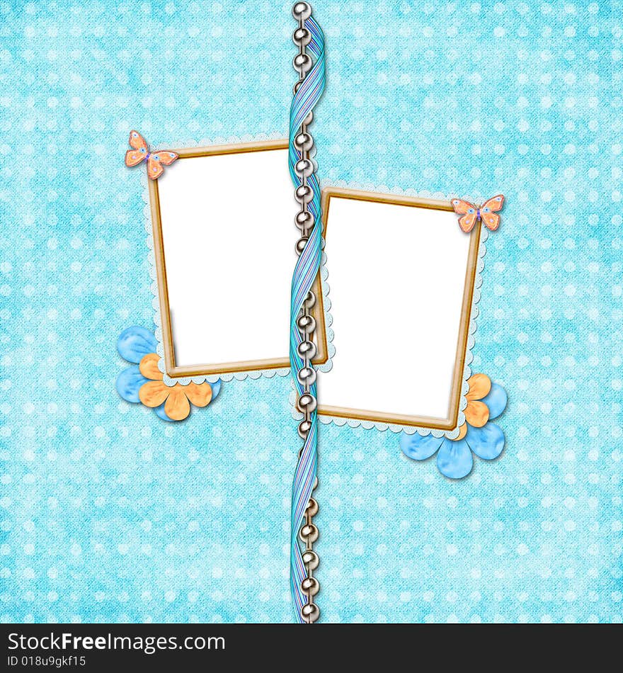 A scrapbook page with three frames hanging on a chain with the ribbon and light green patterned paper