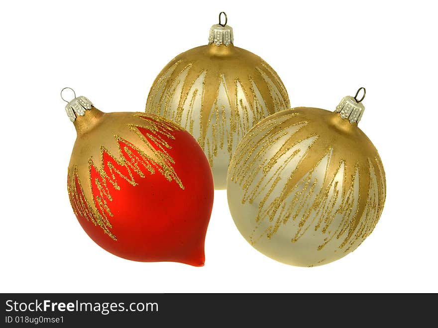 Red and silver christmastree ornaments with gold, isolated on white background. Red and silver christmastree ornaments with gold, isolated on white background