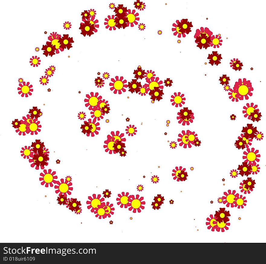 The red and brown blossoms distributed on the shape of spiral. The red and brown blossoms distributed on the shape of spiral