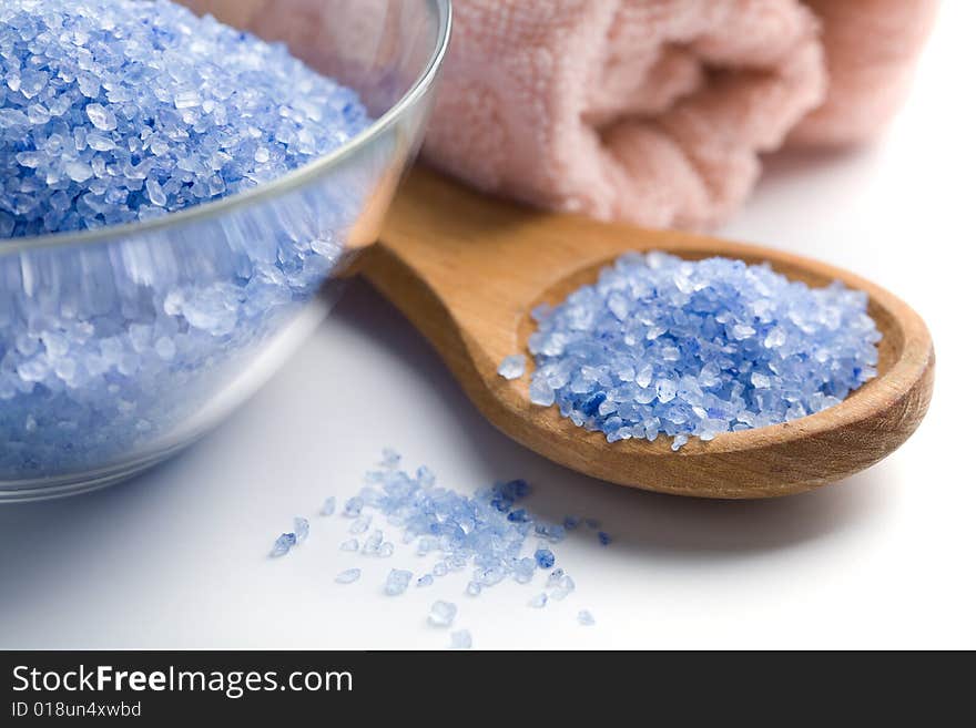 Spa and body care background. herbal salt and towel