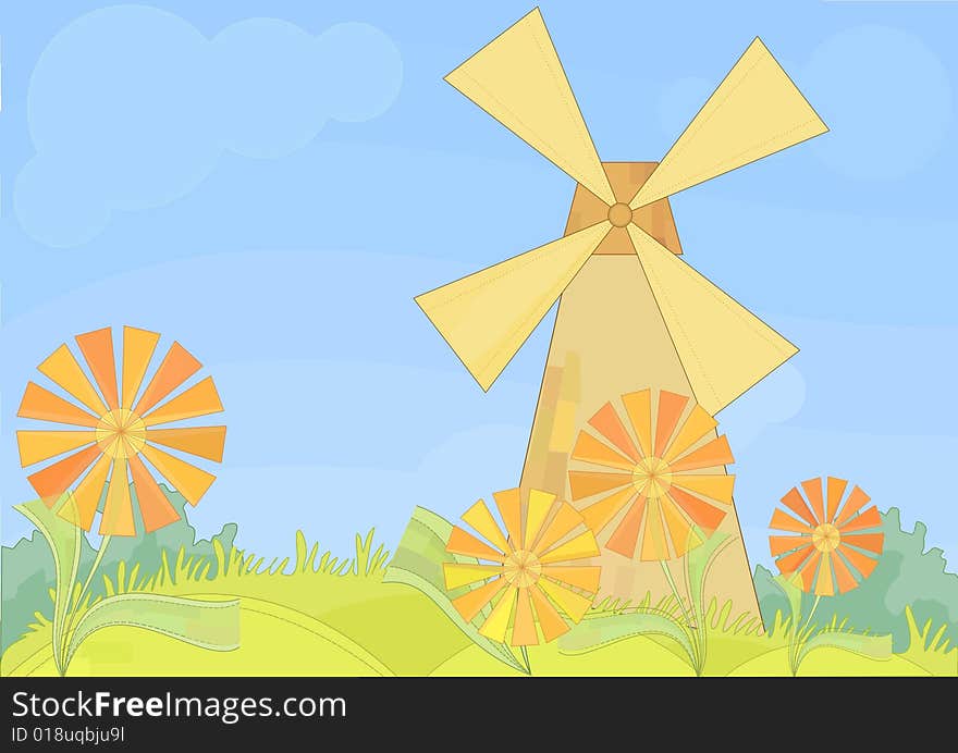 Vector scene with mill and flowers