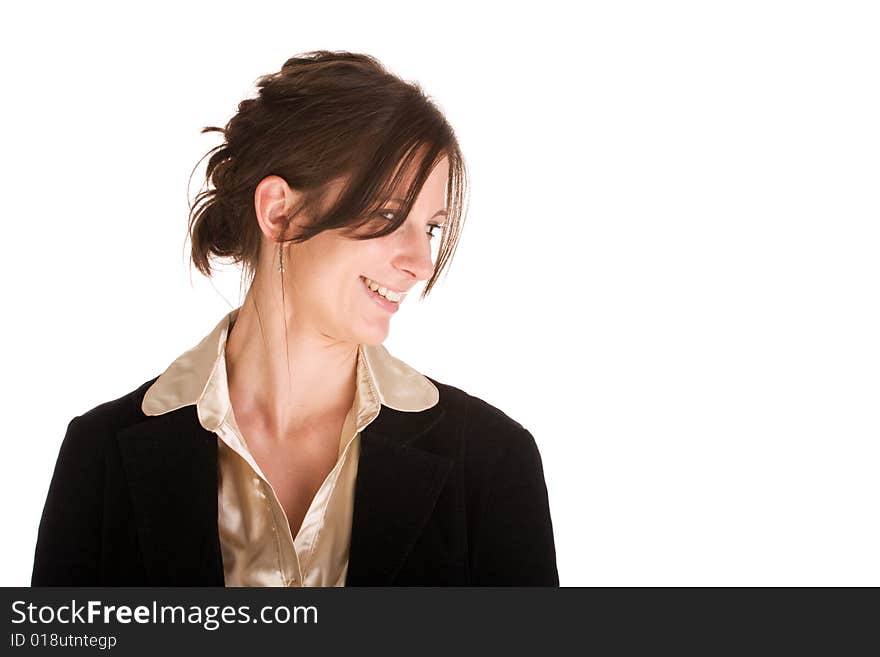 Young attractive Caucasian adult female smiling while looking to her left and down. Young attractive Caucasian adult female smiling while looking to her left and down