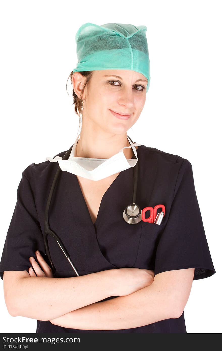 Young adult Caucasian female healthcare professional with stethoscope, mask and cap. Young adult Caucasian female healthcare professional with stethoscope, mask and cap