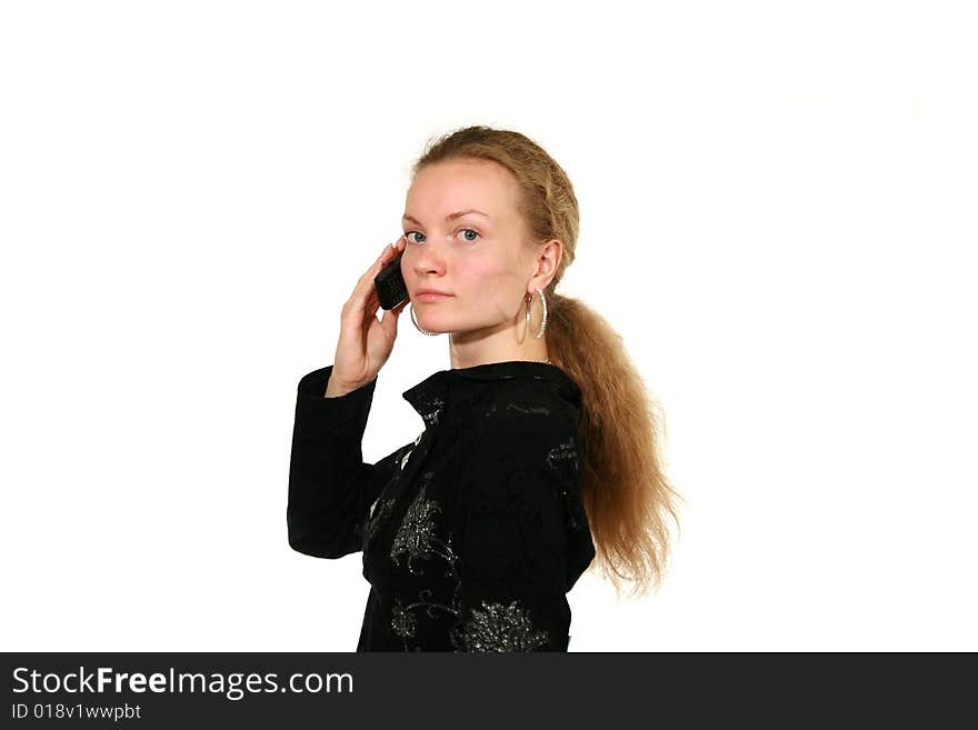 Girl in black suit on white