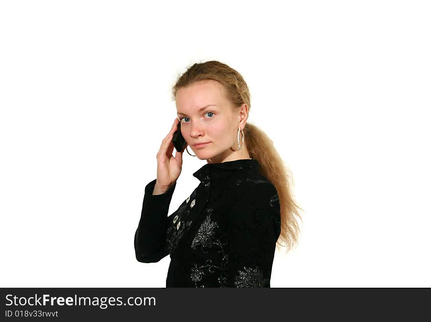 Girl in black suit on white background