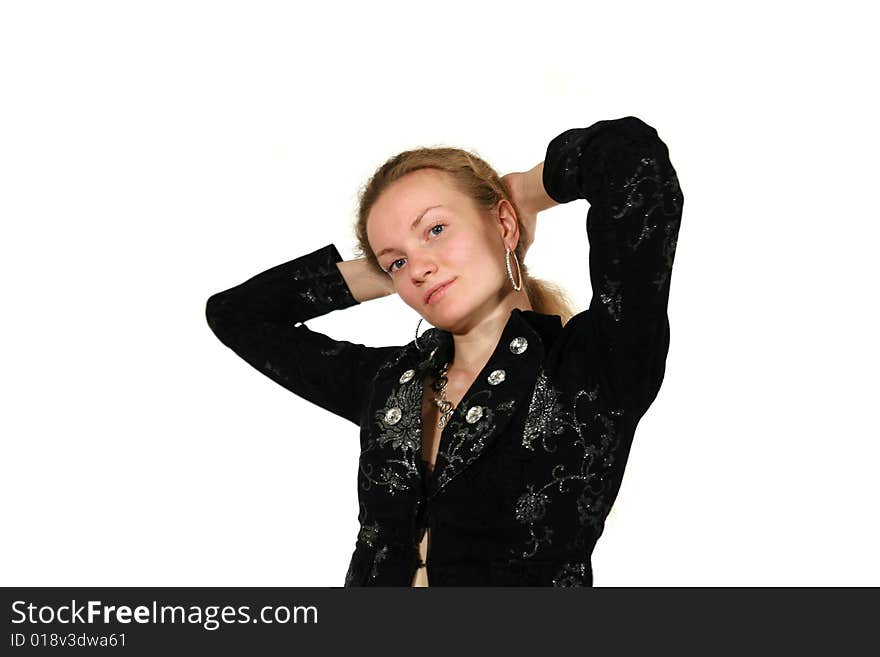 Girl in black suit on white backgroung