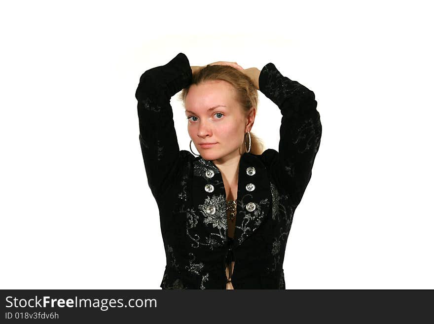 Girl in black suit on white baclground