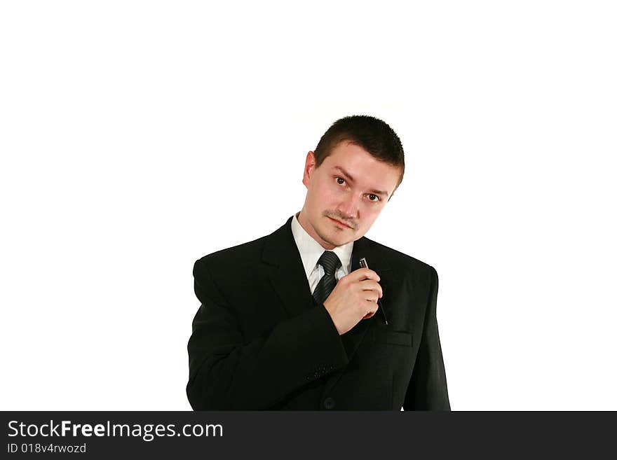 Man in suit with pen on white background