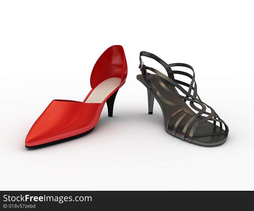 Two women shoes. Black and red. Isolated.