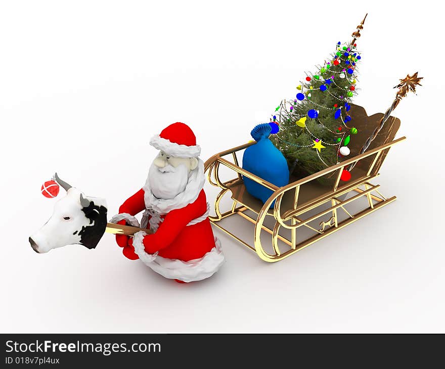 Santa Claus with Christmas tree and cow