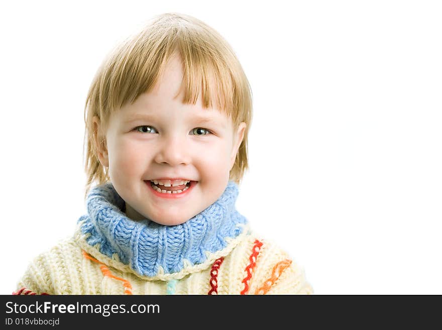 Little girl in warm sweater on white background