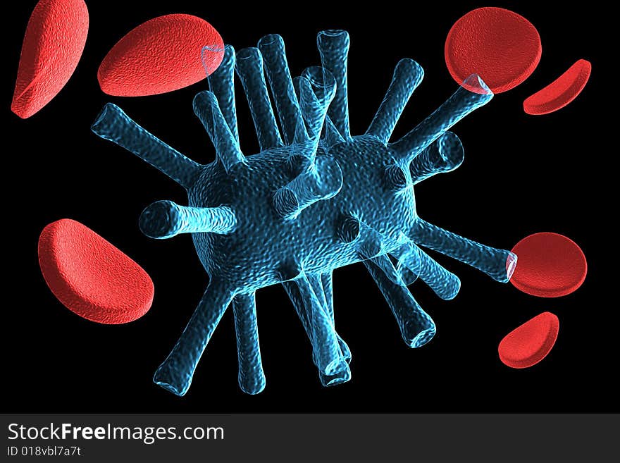 Microbe and red blood cells isolated in black background