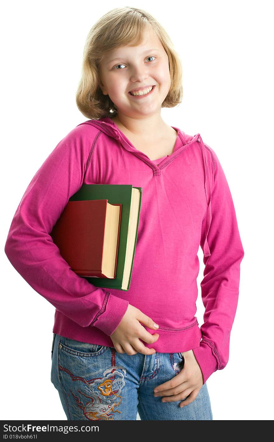 Young schoolgirl with books on white background