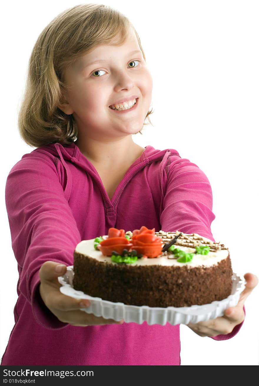 Girl holds  cake