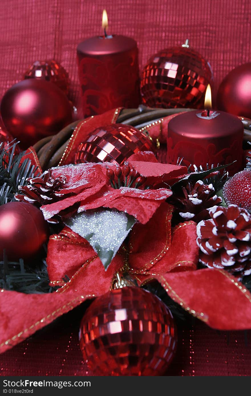 Decoration for christmas and new year's with red candle. Decoration for christmas and new year's with red candle