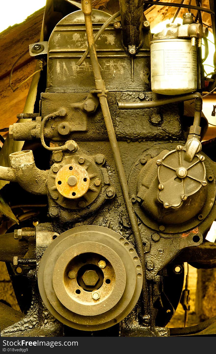 Close-up old diesel car engine. Close-up old diesel car engine