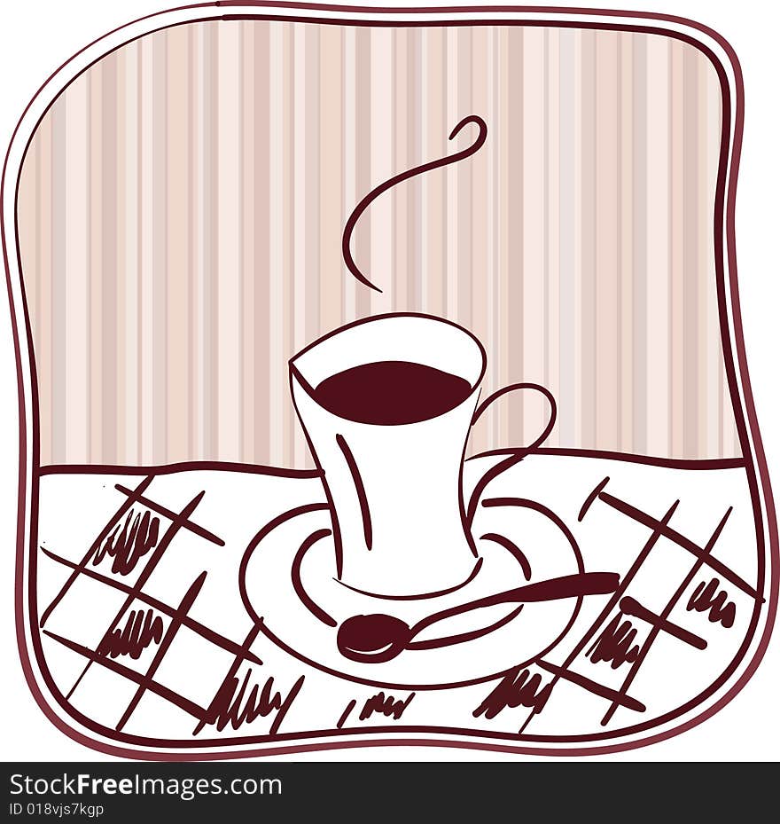 Cartoon illustration coffee cup with a saucer and a teaspoon