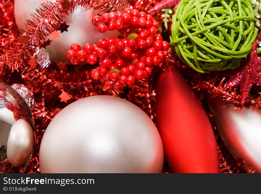 Xmas decoration ornaments in silver and green and red