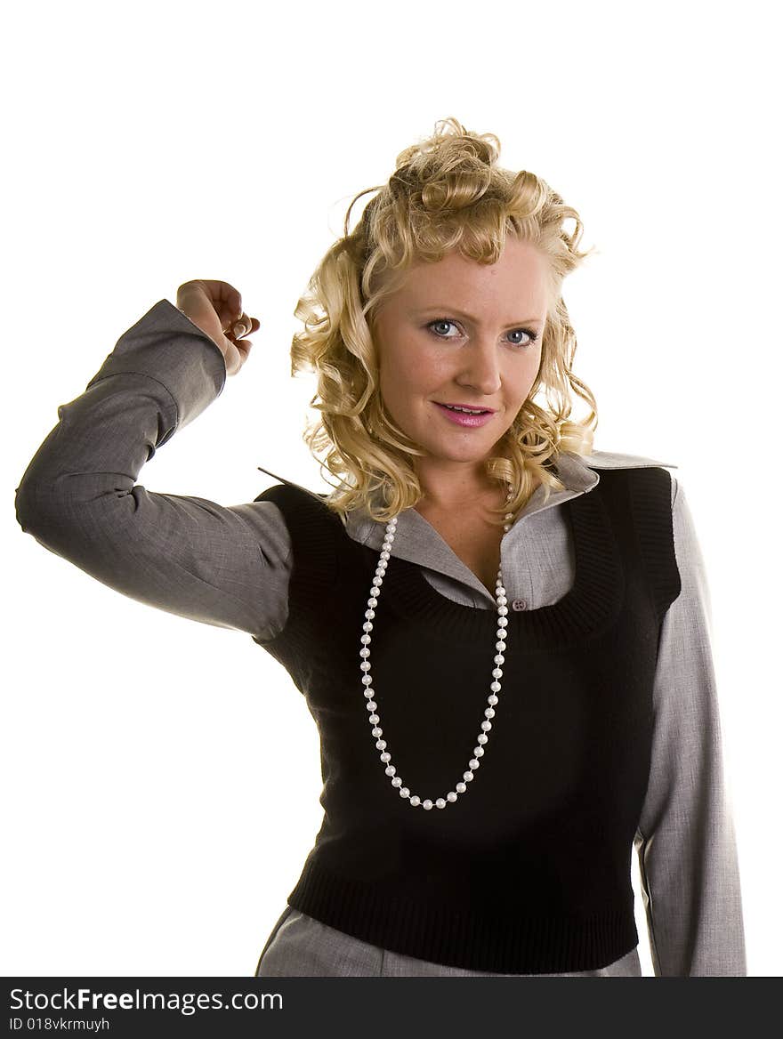 Curly Blonde In Pearls Hand Behind Head